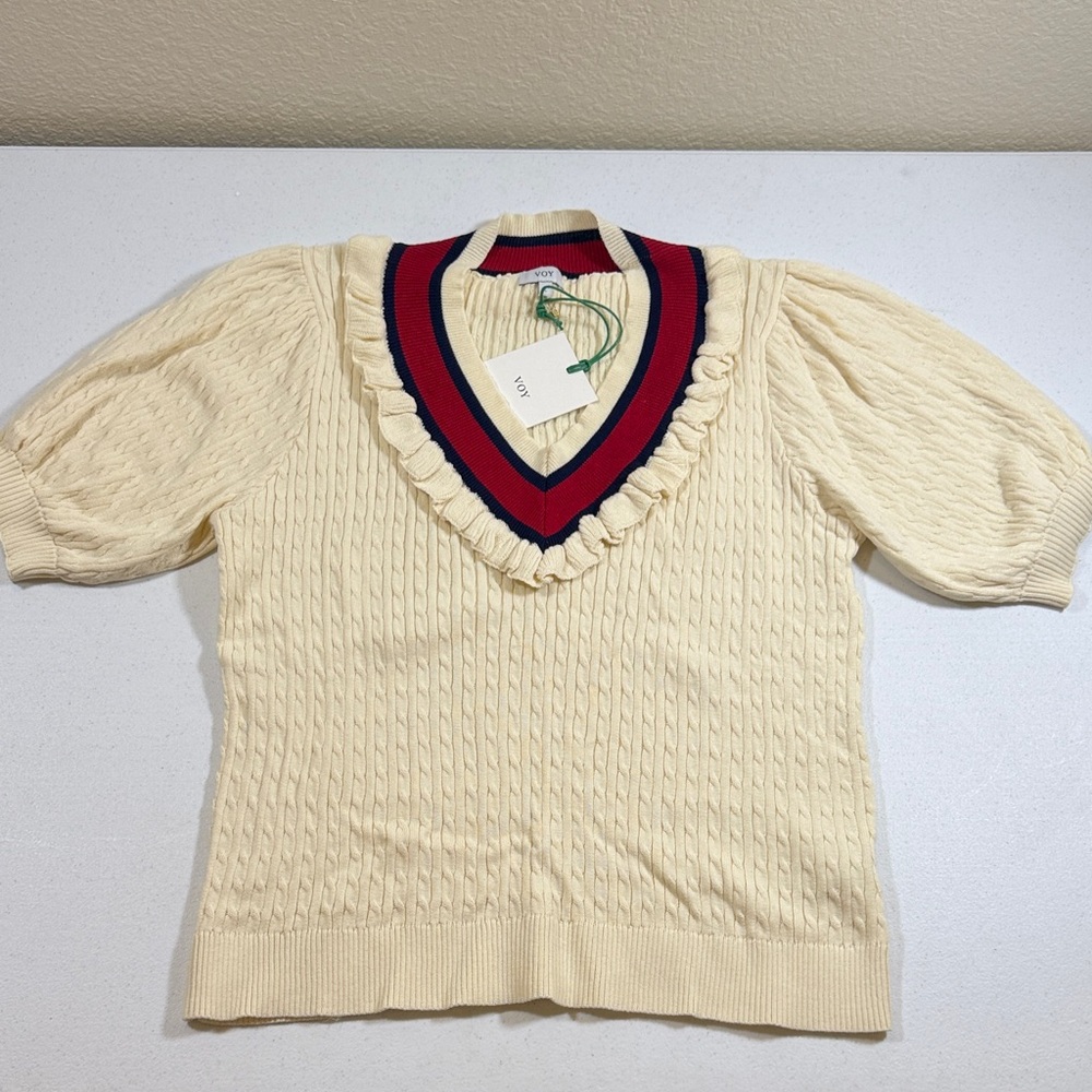 Ivory Cable-Knit V-Neck Sweater with Navy and Red Trim
